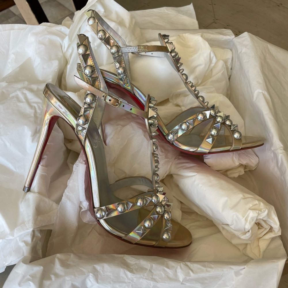 christian louboutin Goldora 100mm stiletto sandal spike iridescent sz 38 - Picture 8 of 12